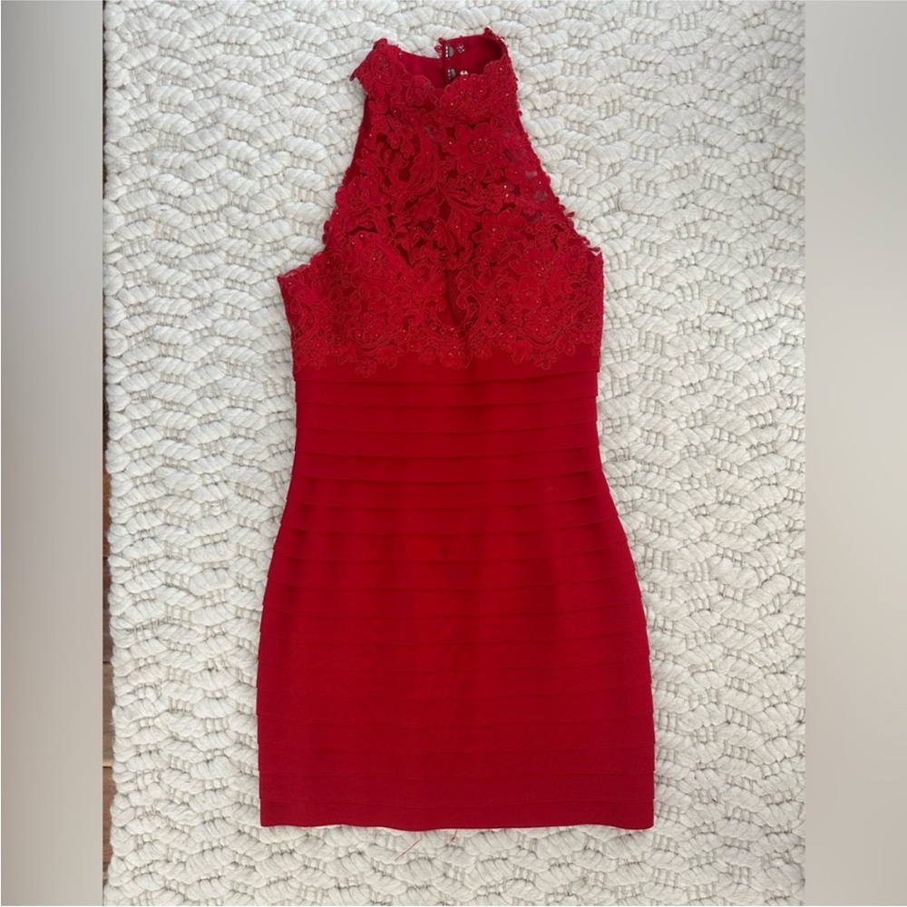 Sherri Hill Red Lace Mini Dress